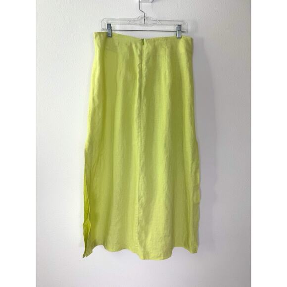 Lime Green 100% Linen Midi Skirt M/L High Slit United Colors Of Benetton - Picture 2 of 9